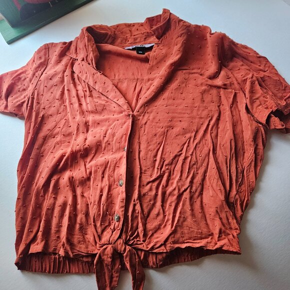 Rust Swiss Dot Button-Front Tie-Hem Blouse – Lightweight & Feminine - Picture 2 of 4